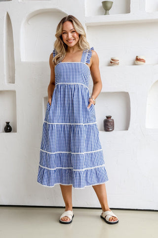 Gingham Check Dress With Lace Trim - Pink - PREORDER