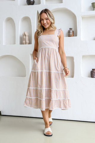 Gingham Check Dress With Lace Trim - Pink - PREORDER