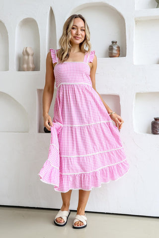 Gingham Check Dress With Lace Trim - Latte - PREORDER