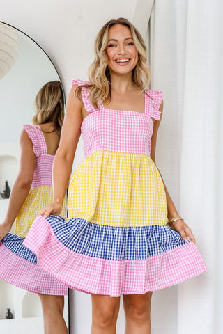 Gingham Check Dress With Lace Trim - Pink - PREORDER