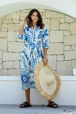 Harlow Boho Tie Midi Dress - Blue