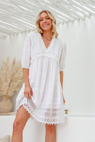 Gingham Check Dress With Lace Trim - Latte