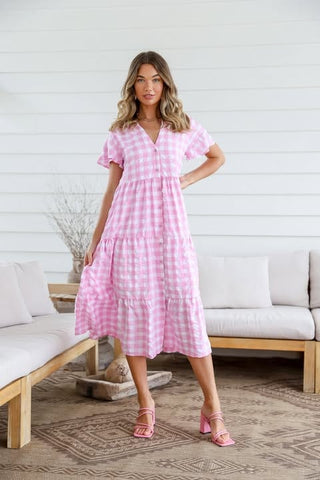 Gingham Check Dress With Lace Trim - Blue