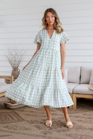 Gingham Check Dress With Lace Trim - Latte