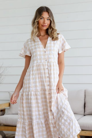 Gingham Check Dress With Lace Trim - Blue