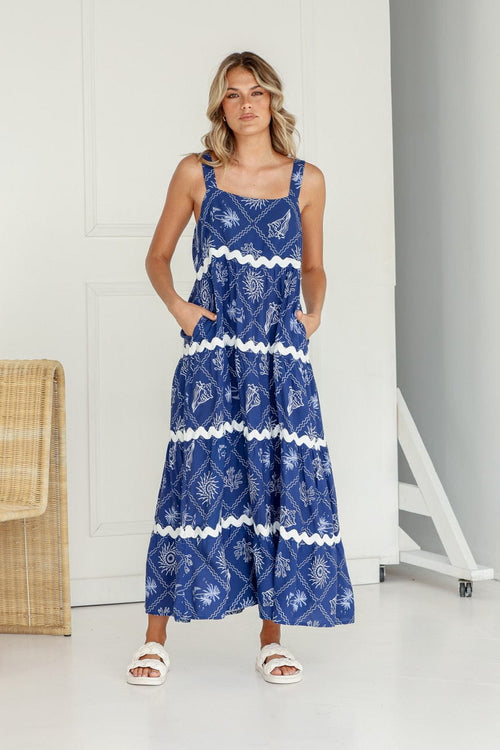 Coastal Ric Rac Maxi Dress - Deep Blue