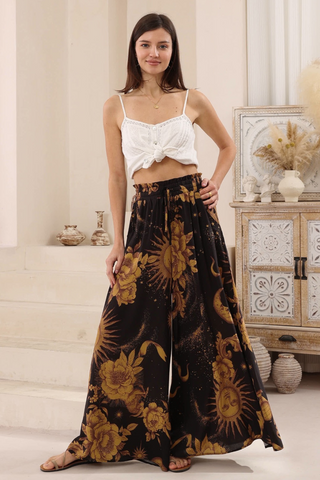 Embroidered Palm Wide Leg Pants - Latte