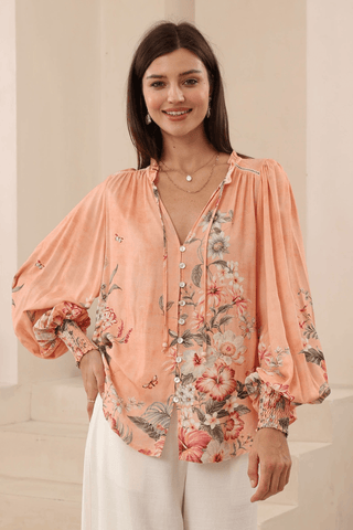 Embroidered Palm Blouse - Latte