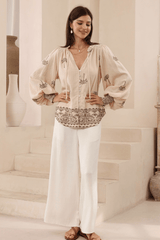 Embroidered Palm Blouse - Latte