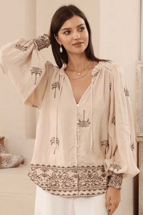 Embroidered Palm Blouse - Latte