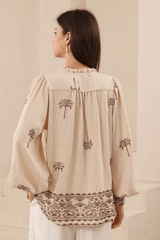 Embroidered Palm Blouse - Latte