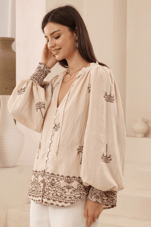 Embroidered Palm Blouse - Latte