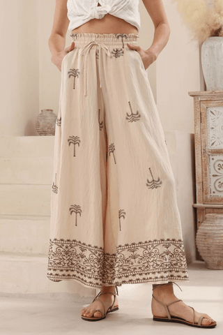 Embroidered Palm Midi Dress - Latte