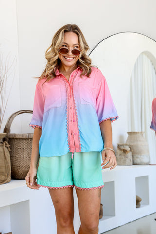 Linen Blend Ric Rac Trim Button Shirt - Pink