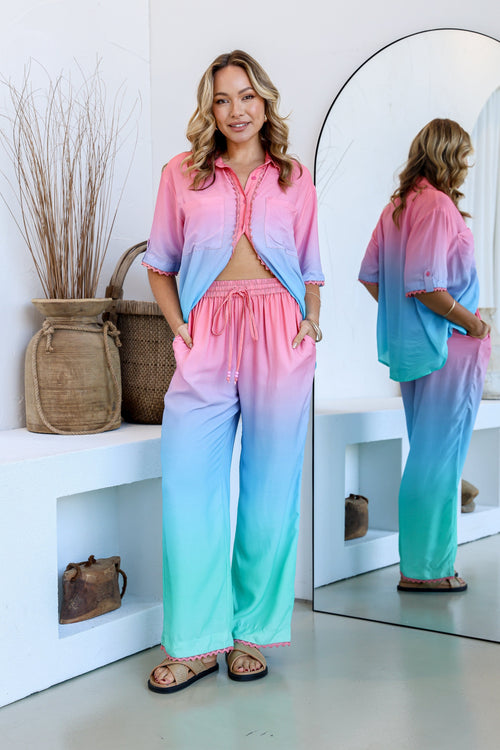 Star Burst Ombre Pants & Top Set - Pink/Blue/Green