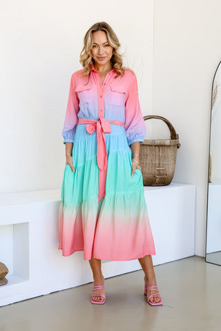 Parisian Ditsy Shirt Dress - Soft Green/Pink - PREORDER