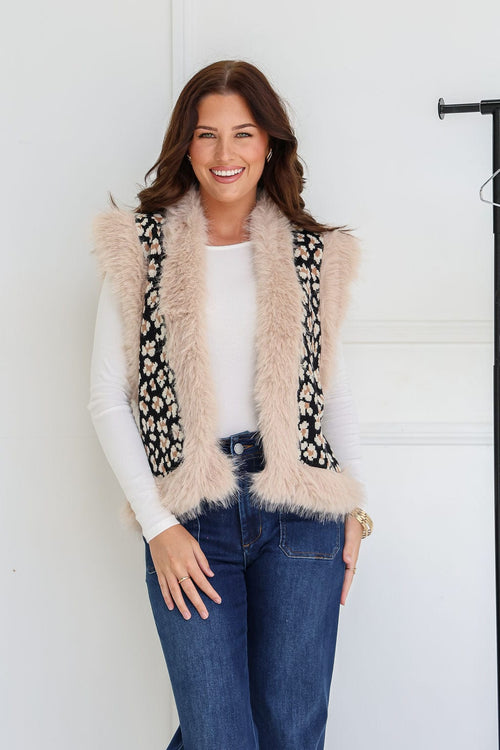 Faux Fur Trim Lombard Vest - Black Leopard Print