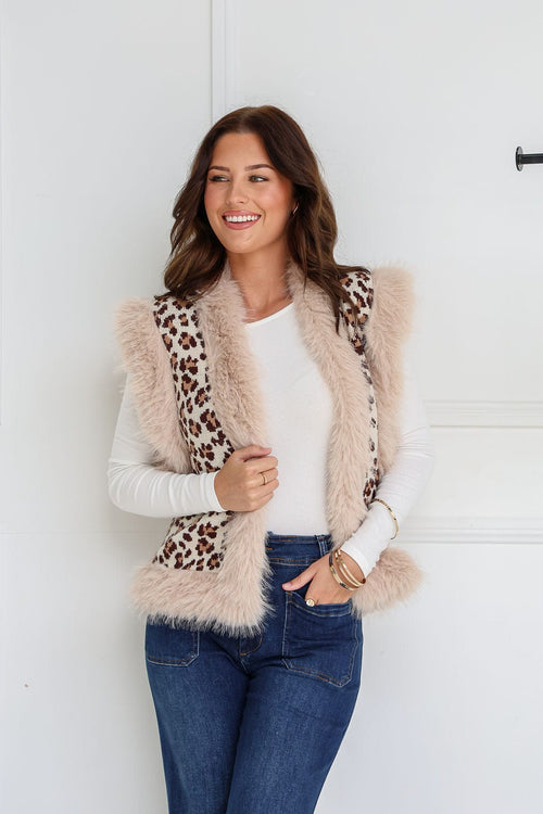 Faux Fur Trim Lombard Vest - Cream Leopard Print