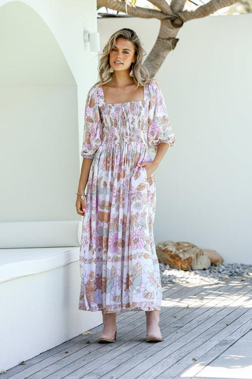 Dreamer Shirred Midi Dress - Flower Garden - PREORDER