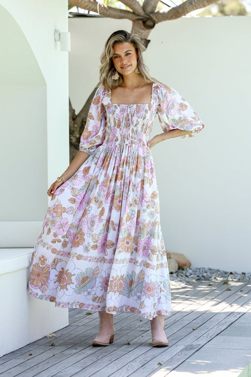 Dreamer Shirred Midi Dress - Flower Garden - PREORDER