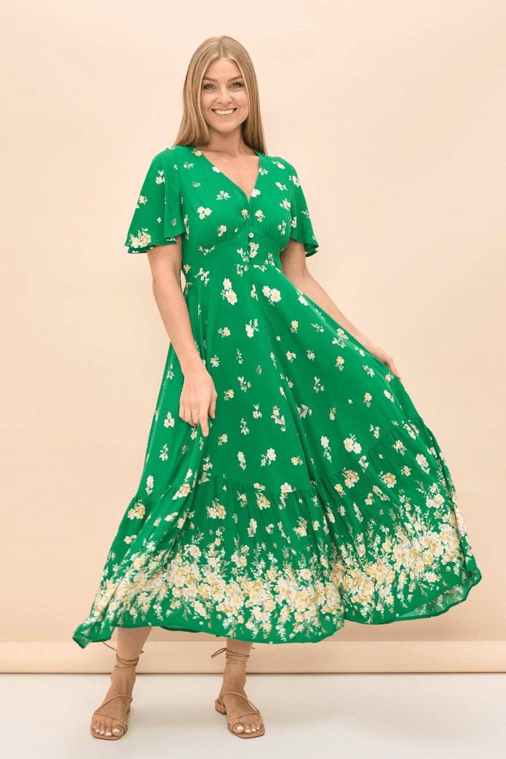 Iris Maxi Clothing | Angelica Maxi Dress - Green Floral | Gypsy And Wolf