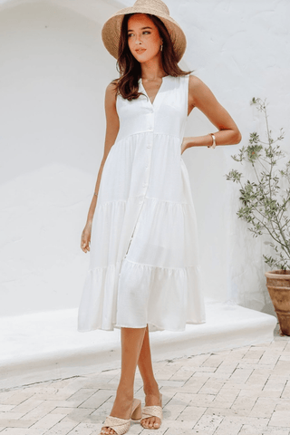 Embroidered Palm Midi Dress - Latte